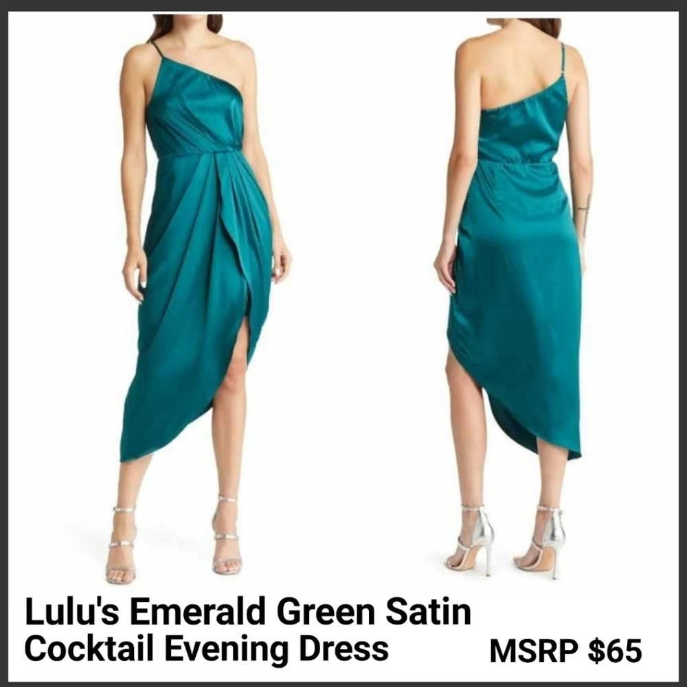 Lulus One Shoulder Satin Classy Cocktail Dress Emerald (Womens 6/8 Med) MSRP $74